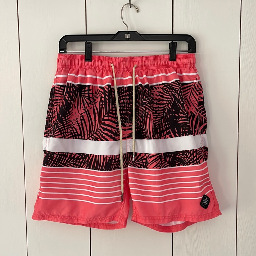 Spicy Tuna Swim Shorts size S Pink Black White Stripe Vacation Beach